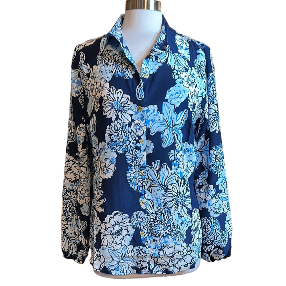 Lilly Pulitzer Farren Low Tide Bouquet All Day Silk Blouse Navy Floral Size Larg